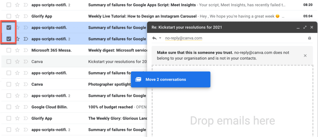 9. Select and drag the emails you want to send as attachments
