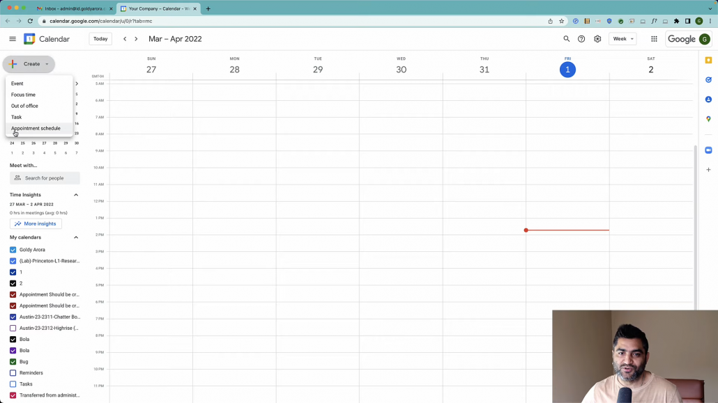 6. Here i am in Google Calander i Will Click on Create Under Drop Down you will see Appointment Schedule Click on That