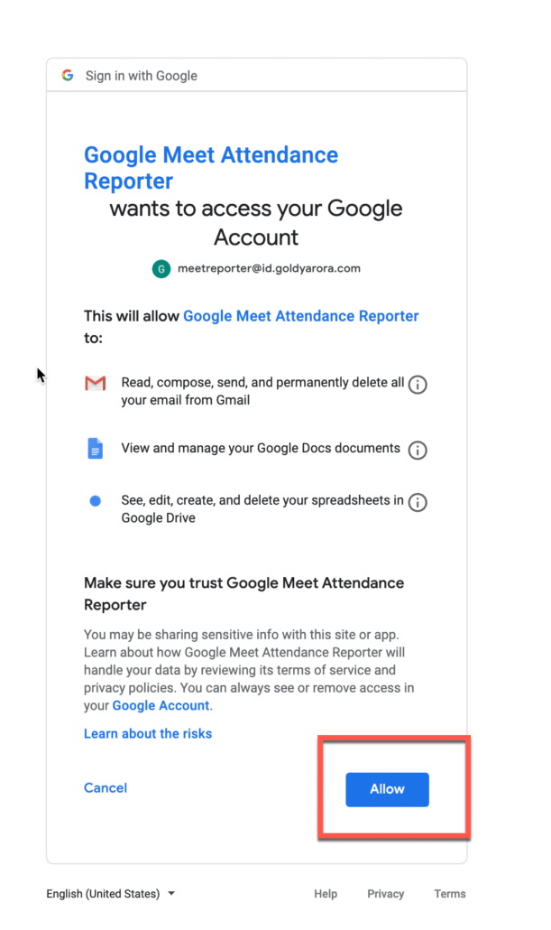 28. Allow access to your google meet account