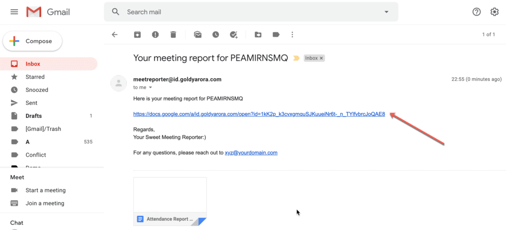 30. Google Meet attendance requestor should get an email