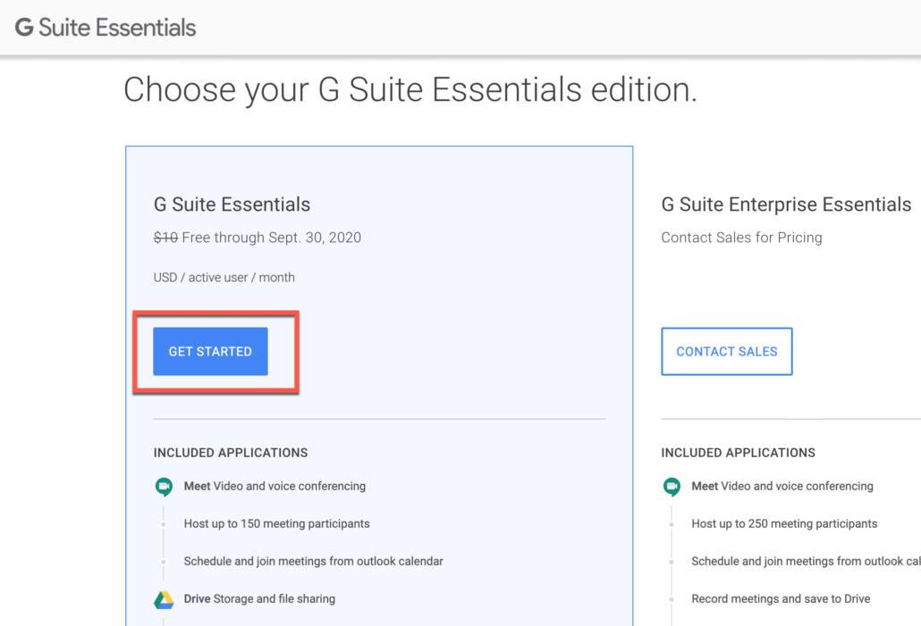 1. Go to G Suite essentials page and click on get started 1