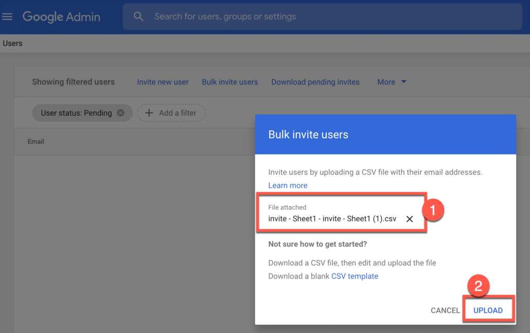 31. Upload the csv file in google admin console 1