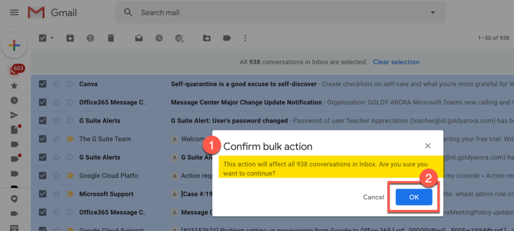 3. Confirm bulk action to delete Gmail emails