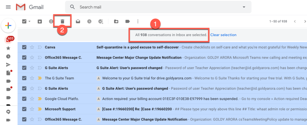 2. Click on delete button in Gmail