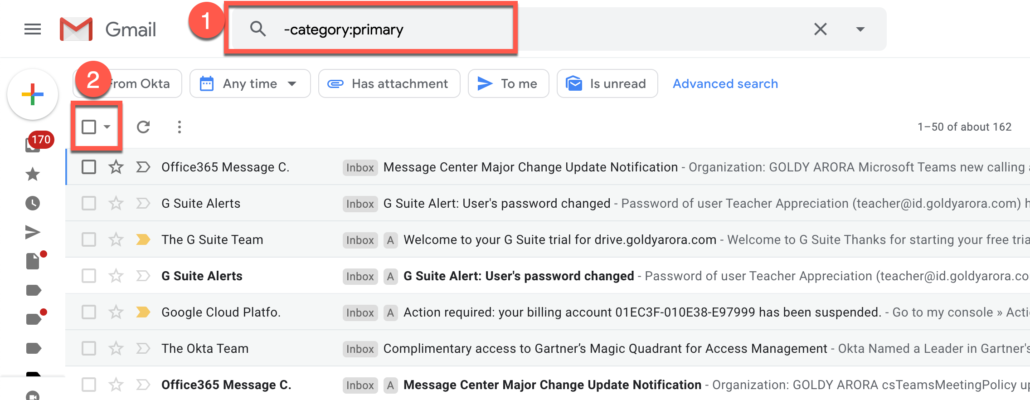 26. Search Gmail emails from all categories except one