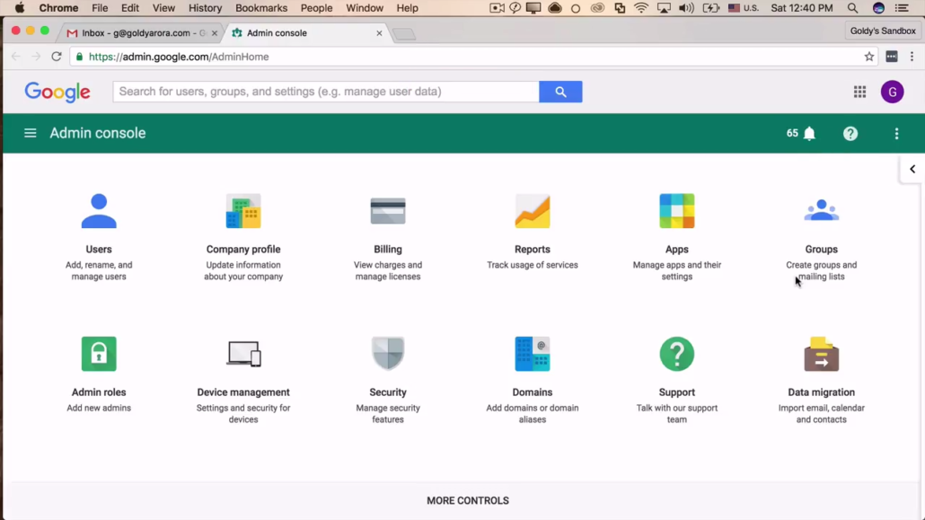 gsuite admin console page