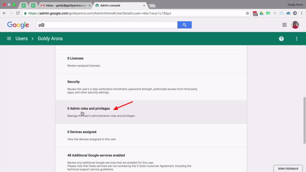 click on admin roles and previlages - gsuite admin console