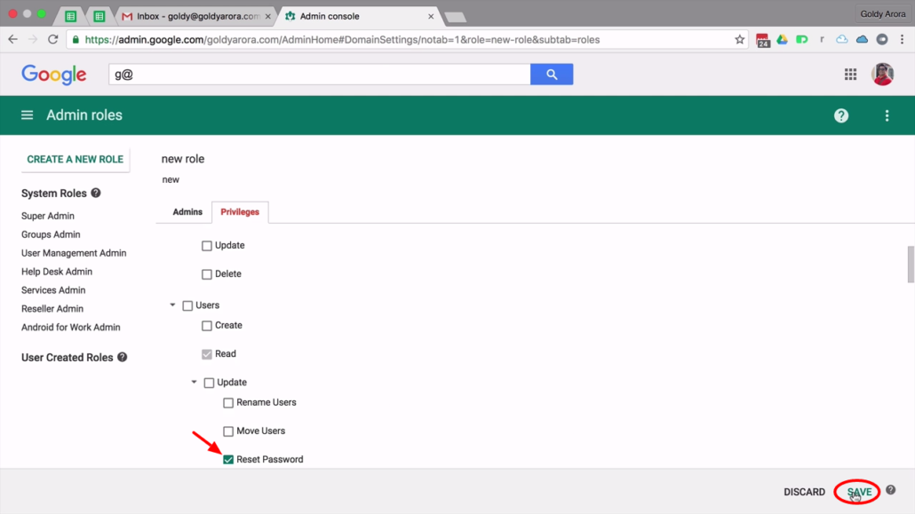 choose new role privelages then save - Google Workspace admin console