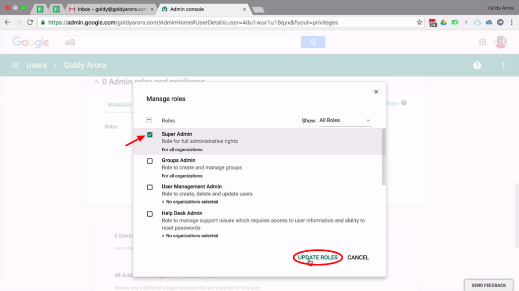 assign role to user in g suite admin console