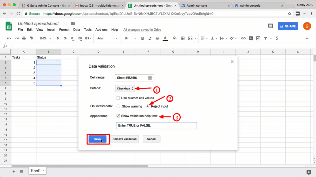 data validation setup - Google sheet checkboxes