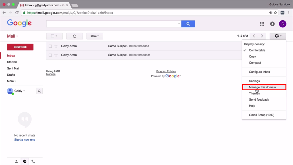 Go to manage this domain from Gmail