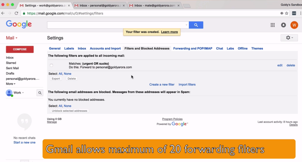 gmail allow max 20 forwarding filters