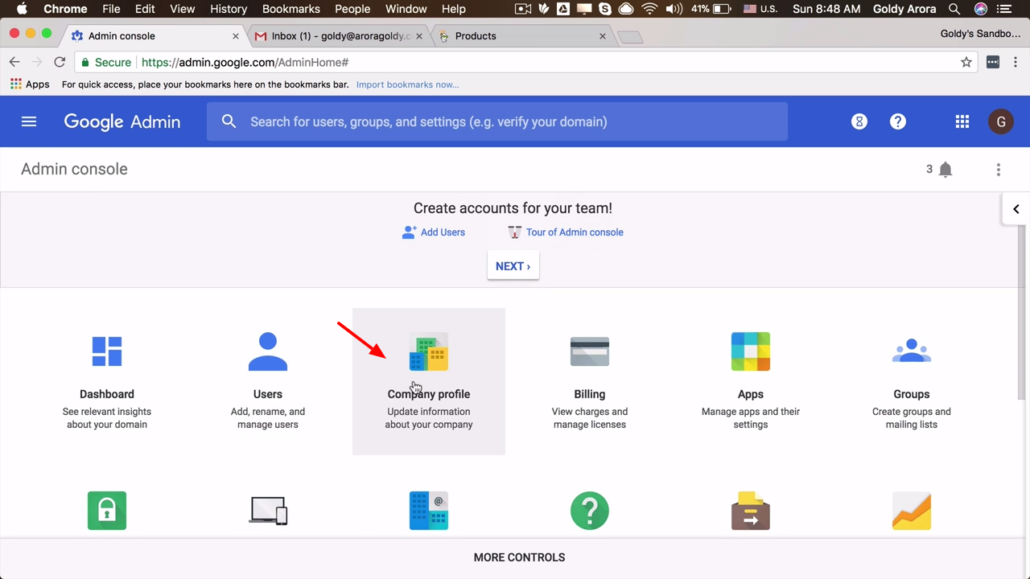 click on company profile in Google Workspace console