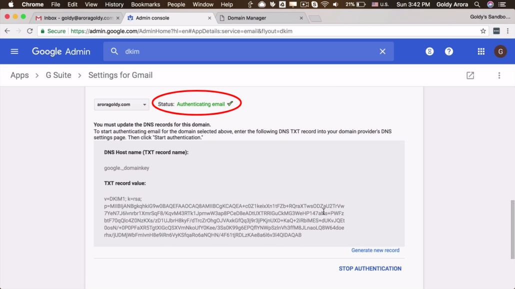 successful record authentication in G suite console