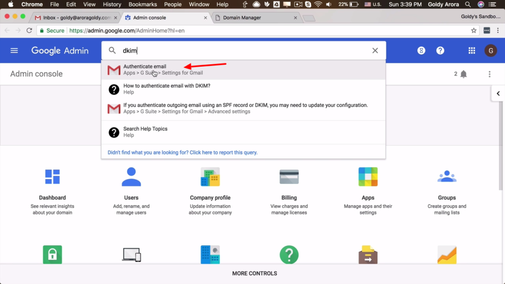 Search DKIM in G suite admin console