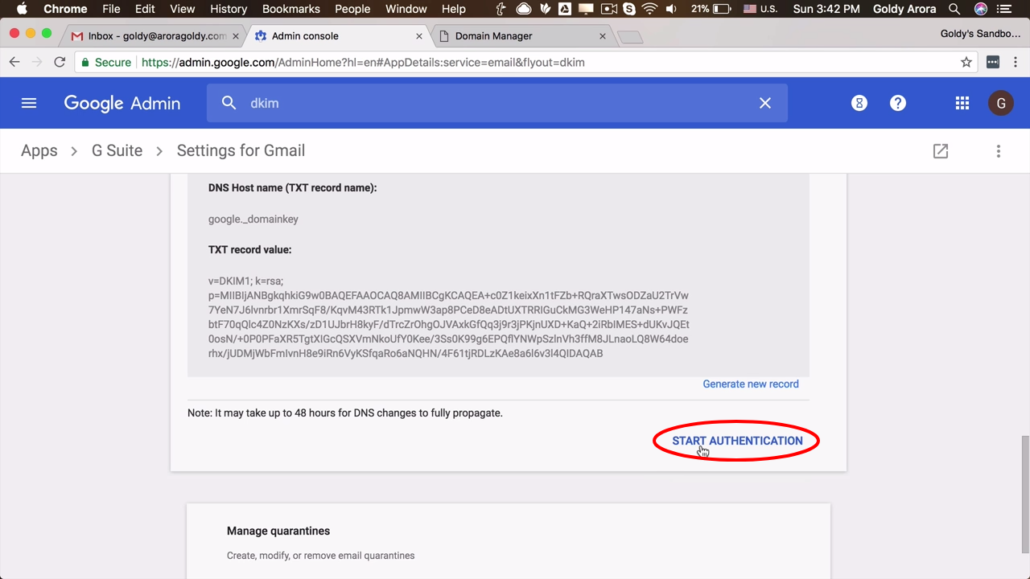 click on start authentication in gsuite admin console