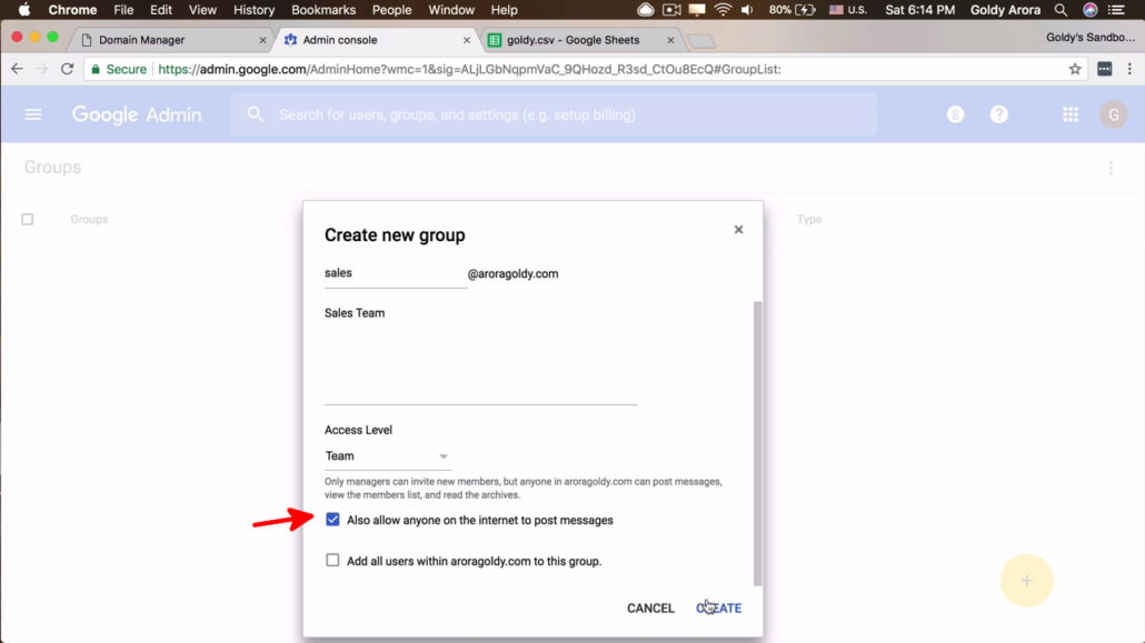 create sales group sample gsuite