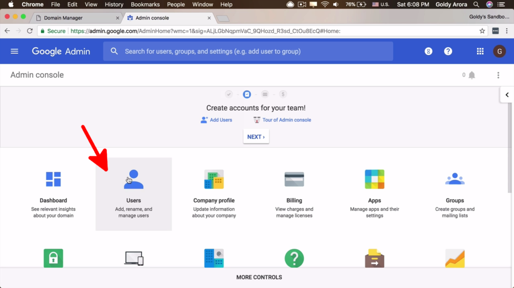 click on users gsuite console