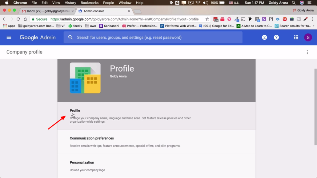 click on profile from g suite admin console