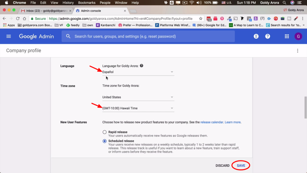 select default timezone and languate under profile