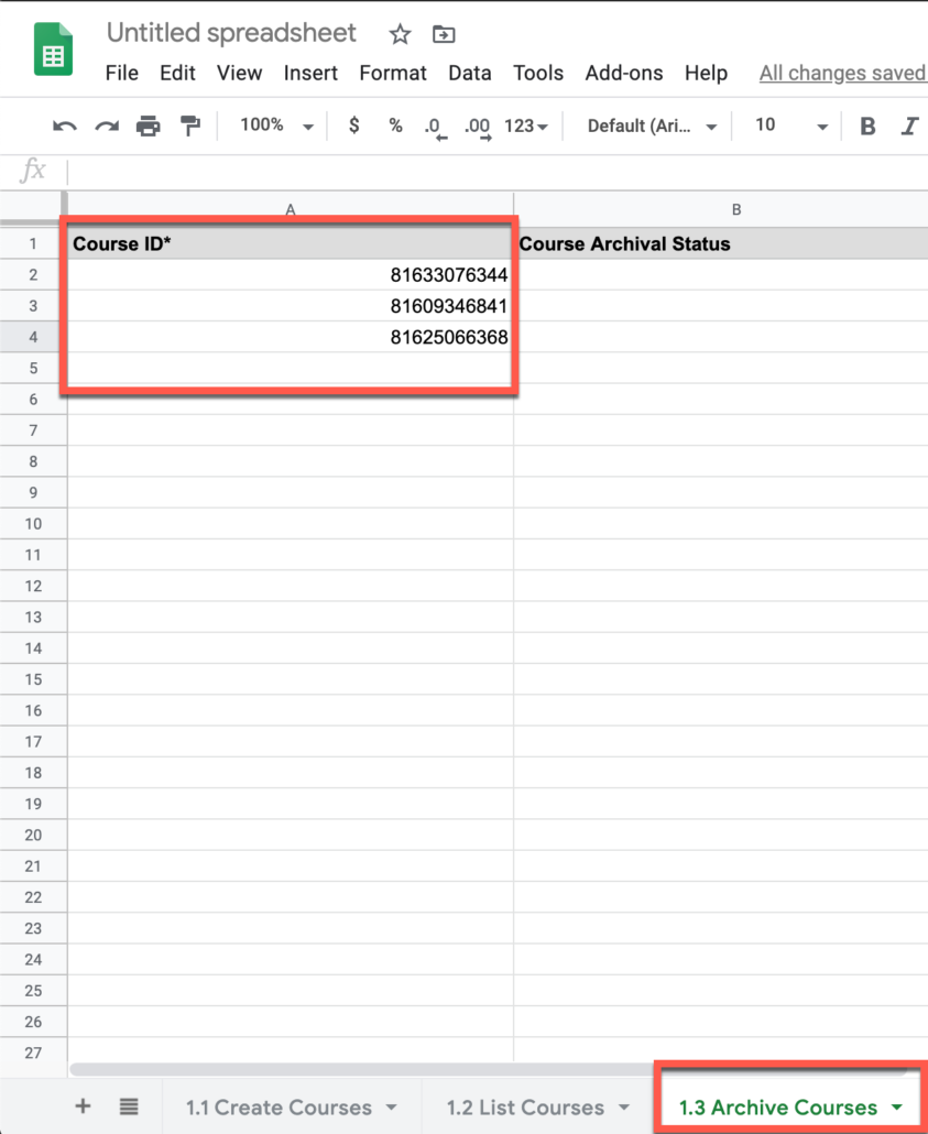 19. go to archive courses sheet and enter courseids