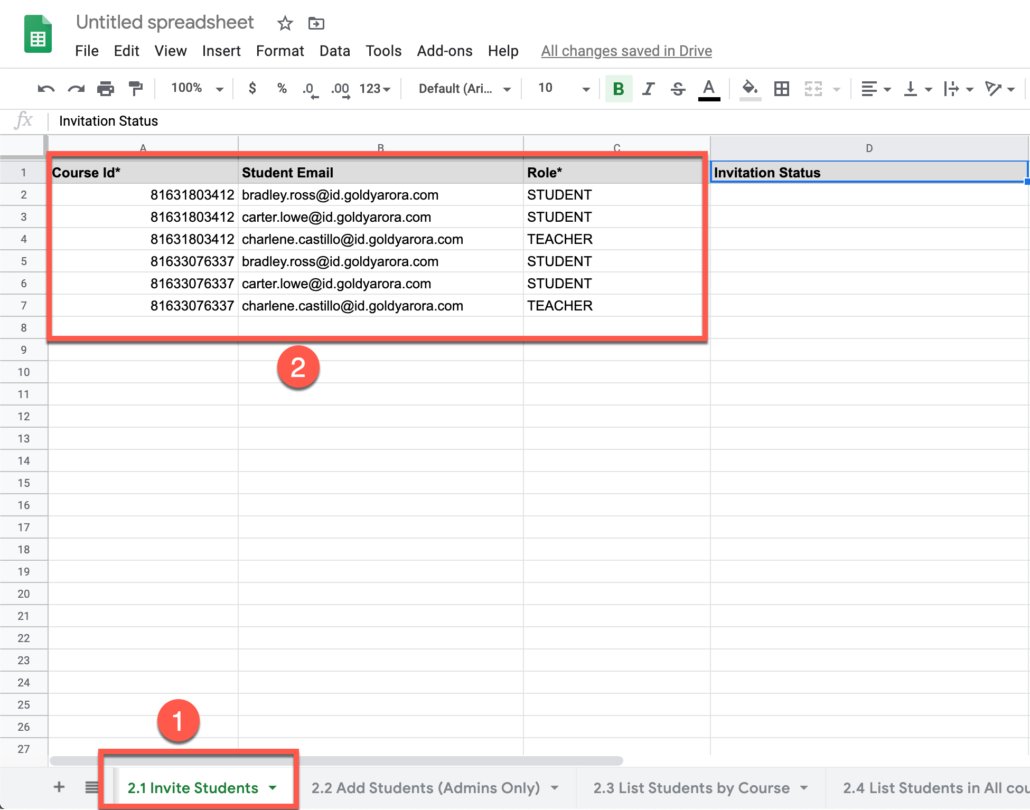 26. Go to invite students sheet and add details