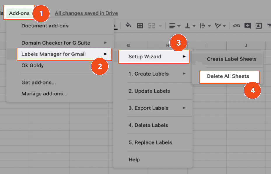 Deleting all the worksheets created by the labels manager for Gmail add-on setup