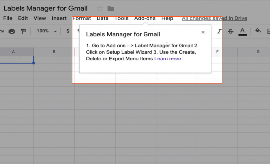 Notifying you that the labels manager for Gmail add-on has been installed