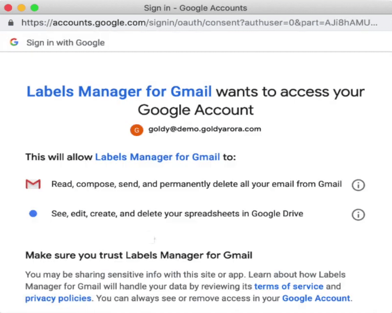 Google informing you what all the labels manager will be able to access in your account