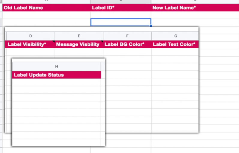 All the columns in the update labels worksheet