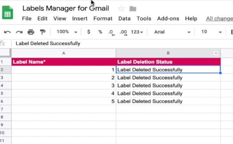 Showing the success status of the labels being deleted