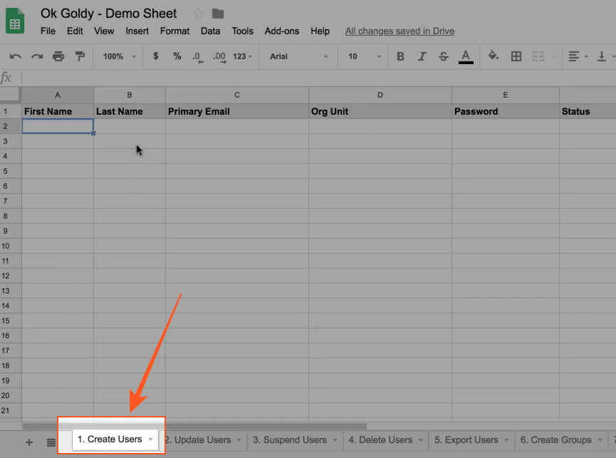 Selecting the Create Users worksheet