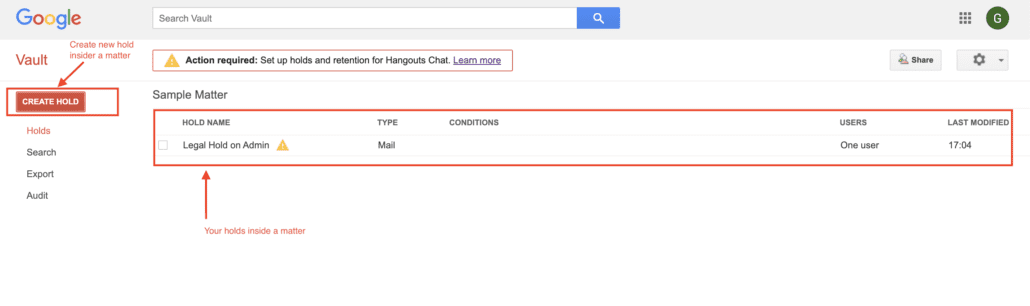 Create Hold in Google Vault