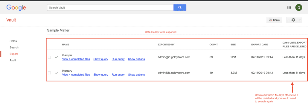 Export Search results from Google Vault