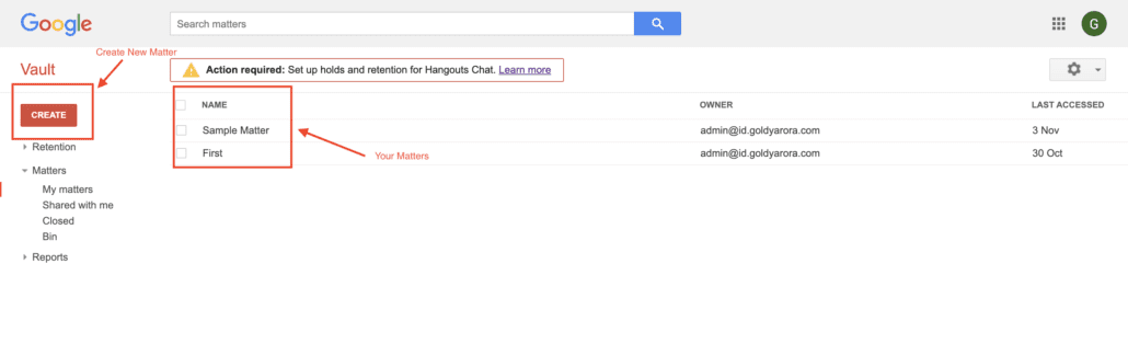 Create Matter in Google Vault