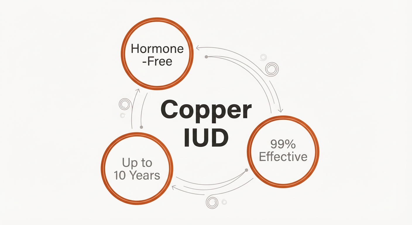 Informational graphic listing benefits of the Copper IUD: 99% Effective, 10 Year Duration, Hormone Free