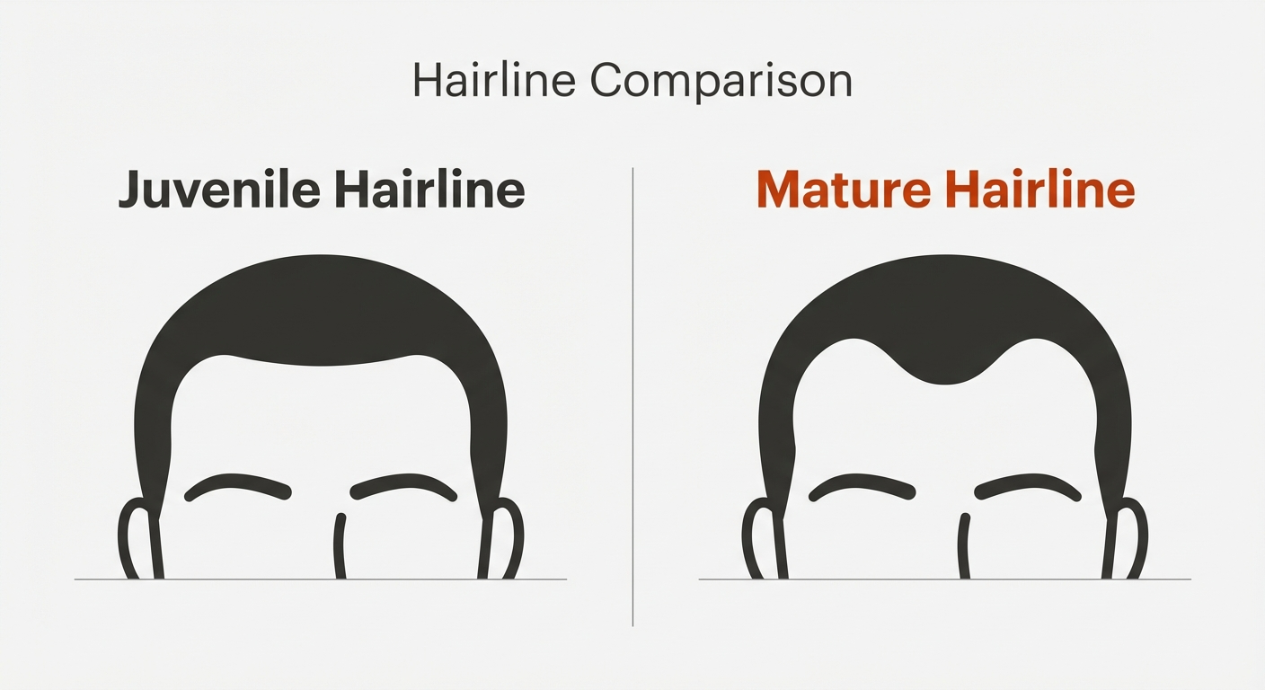 Illustration comparing a straight juvenile hairline with a mature hairline featuring a slight peak