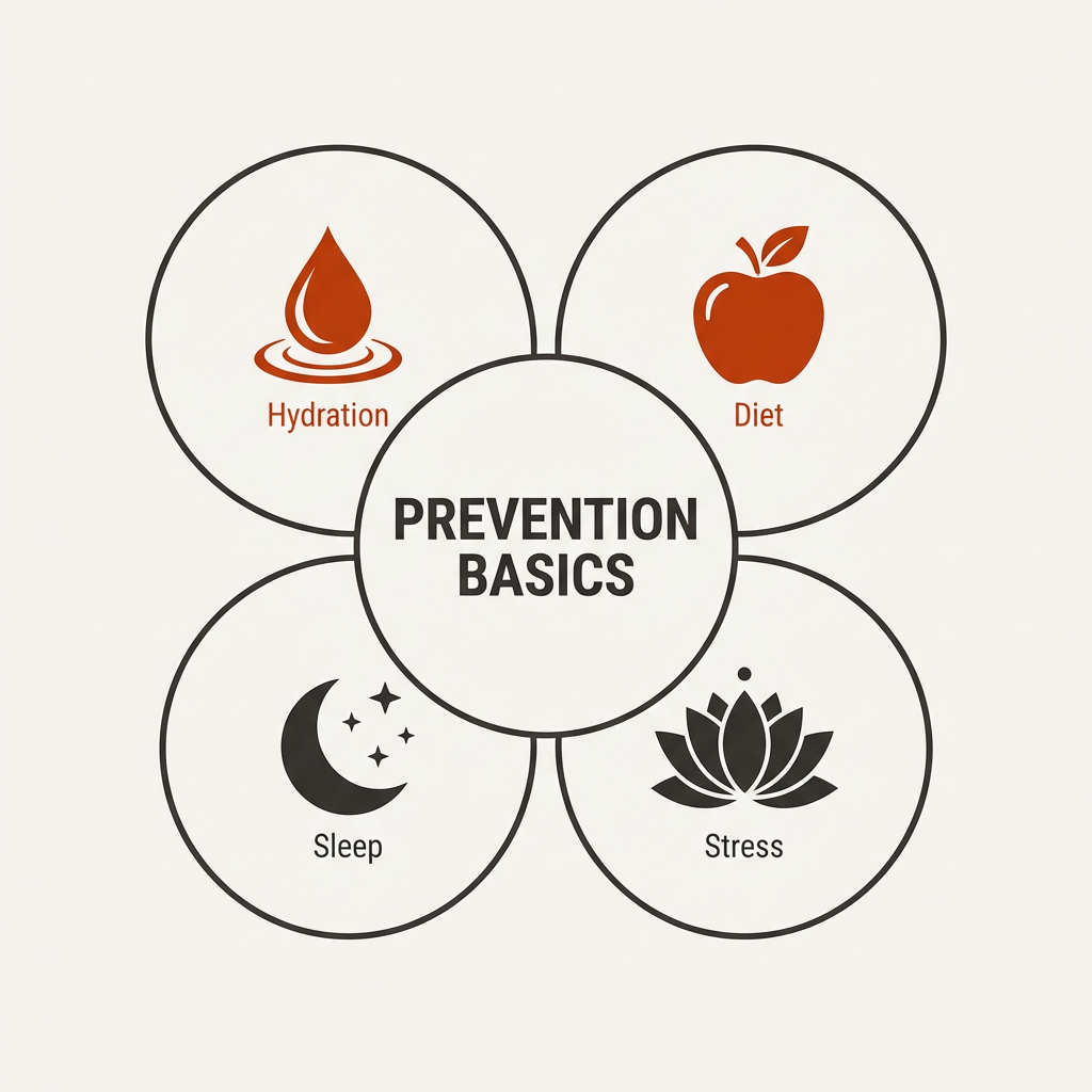 Infographic showing hydration, sleep, diet, and stress management