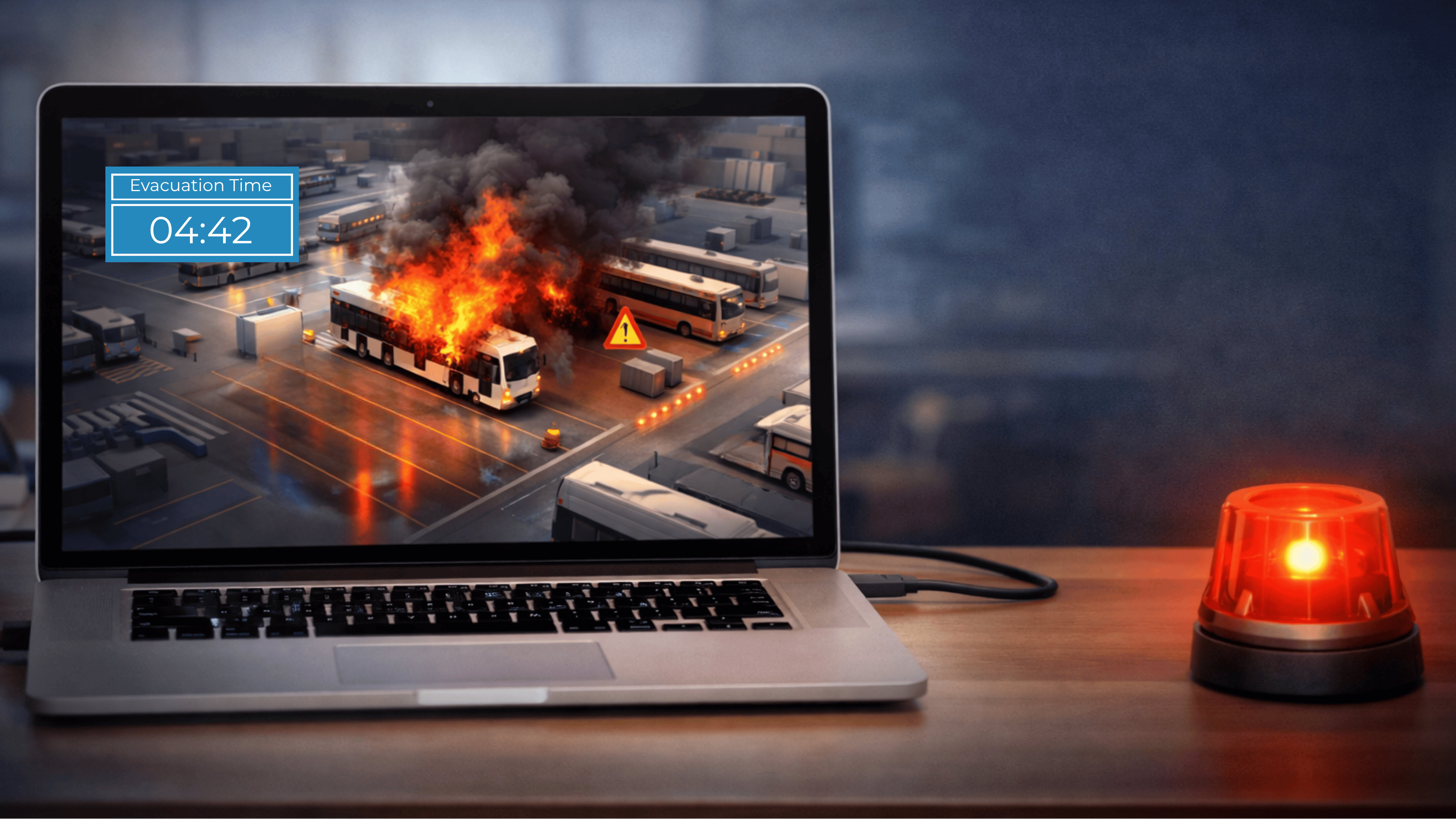 Emergency evacuation simulation showing an electric bus fire in a depot