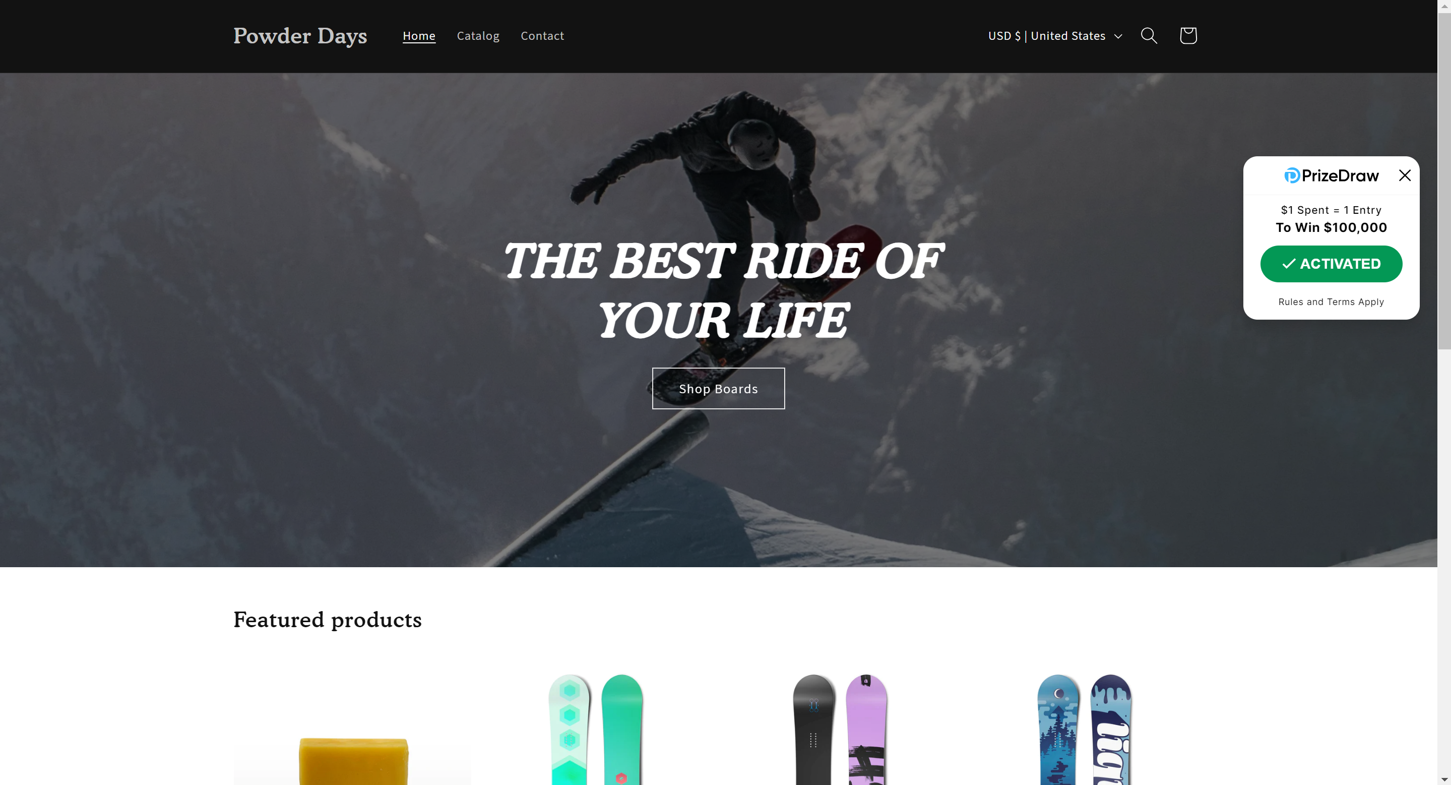 PrizeDraw integration on homepage of a store showing entries are activated