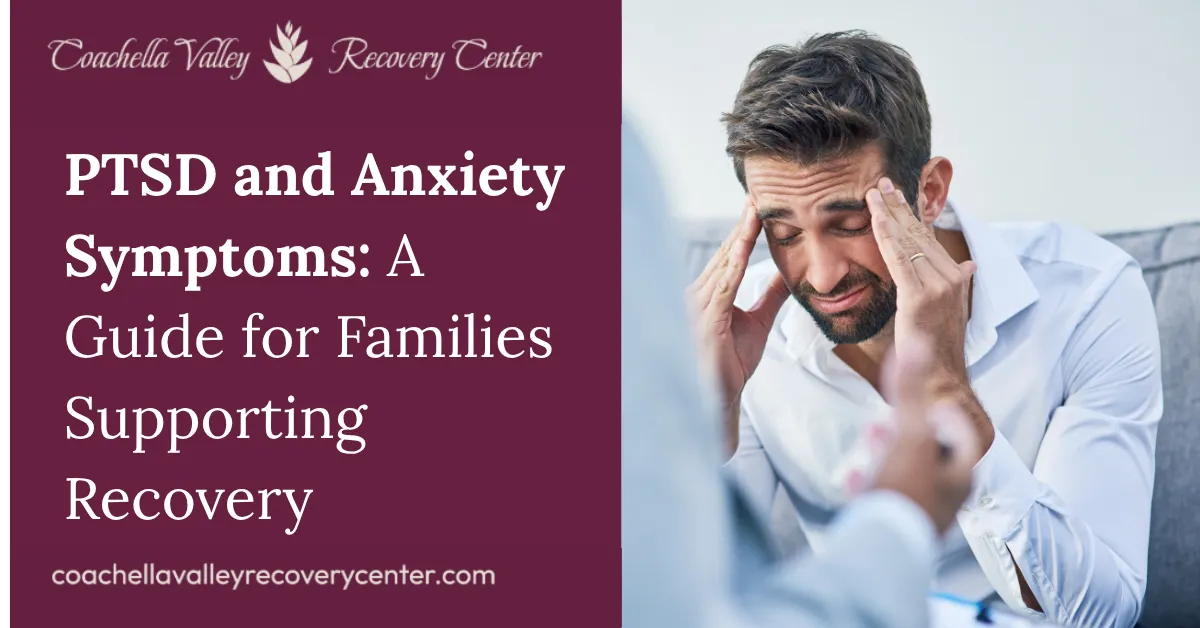 Man holding his head in distress during therapy session, representing PTSD and anxiety symptoms and family support for recovery.