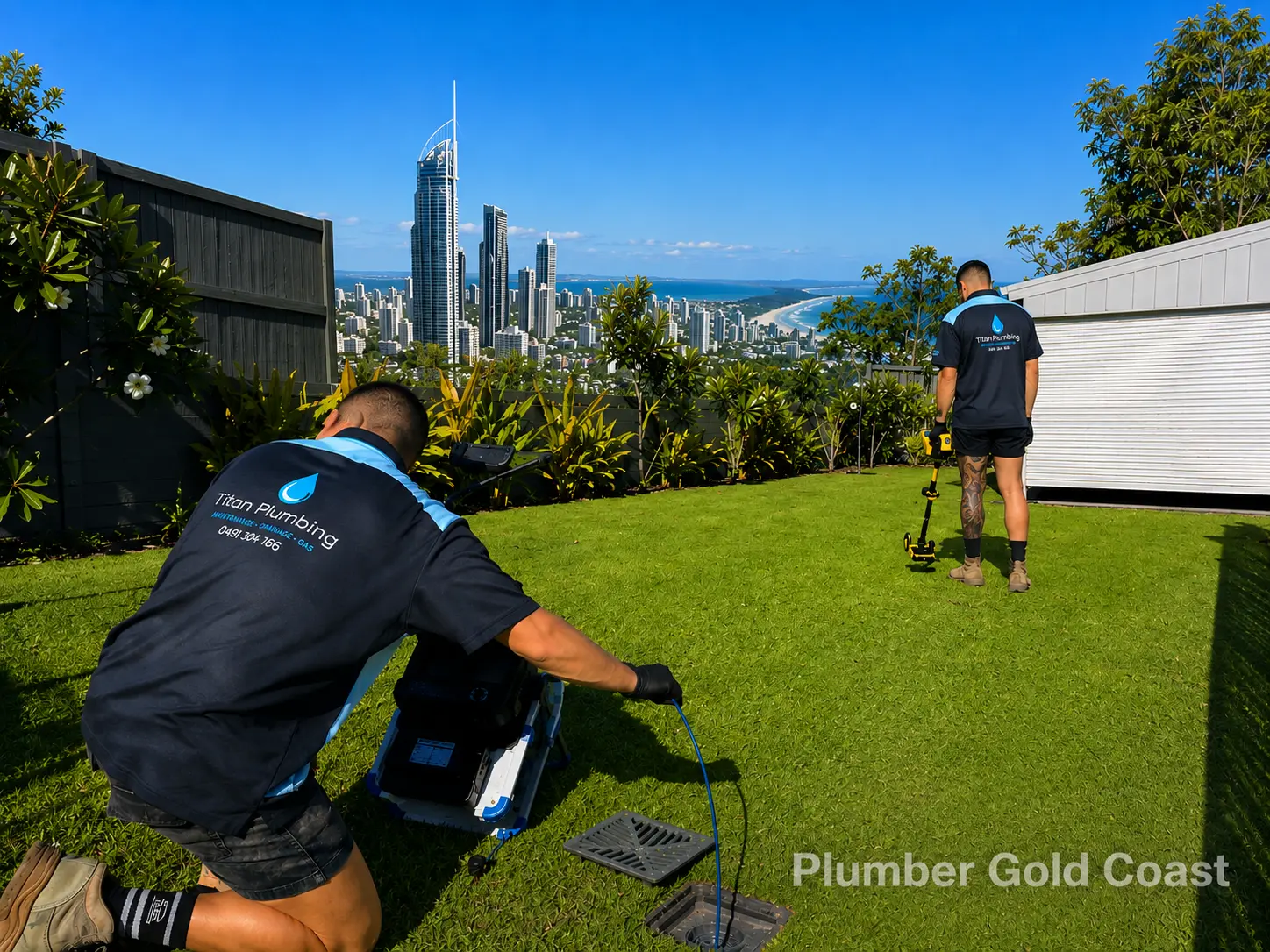 Plumber Gold Coast inspecting an underground drain in a residential backyard with the Gold Coast skyline in the background