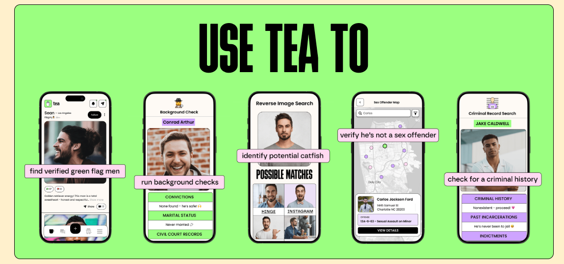 Tea app marketing graphic displaying five phones with safety features: finding verified men, running background checks, reverse image search, sex offender map, and criminal history lookup.