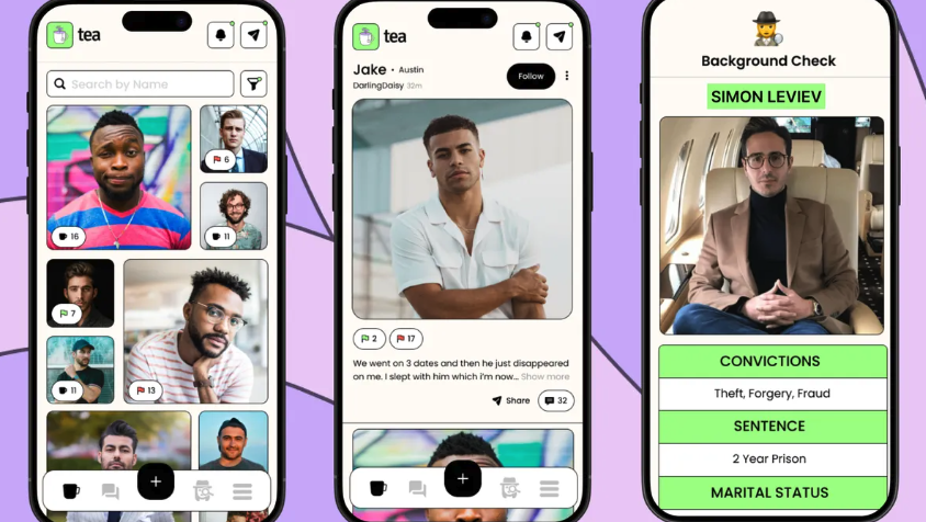 Tea app promotional banner showing a verified male profile and icons emphasizing app features like screenshot blocking, anonymity, and women-only verification. Caption: