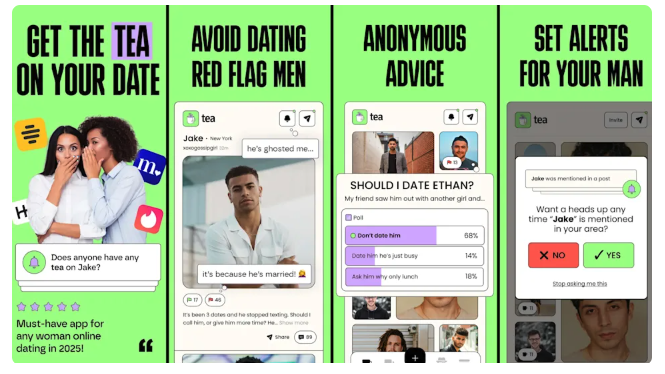 Four-panel Tea app promo showing features like verifying dates, avoiding red flag men, polling for relationship advice, and setting real-time alerts for when a partner is mentioned.