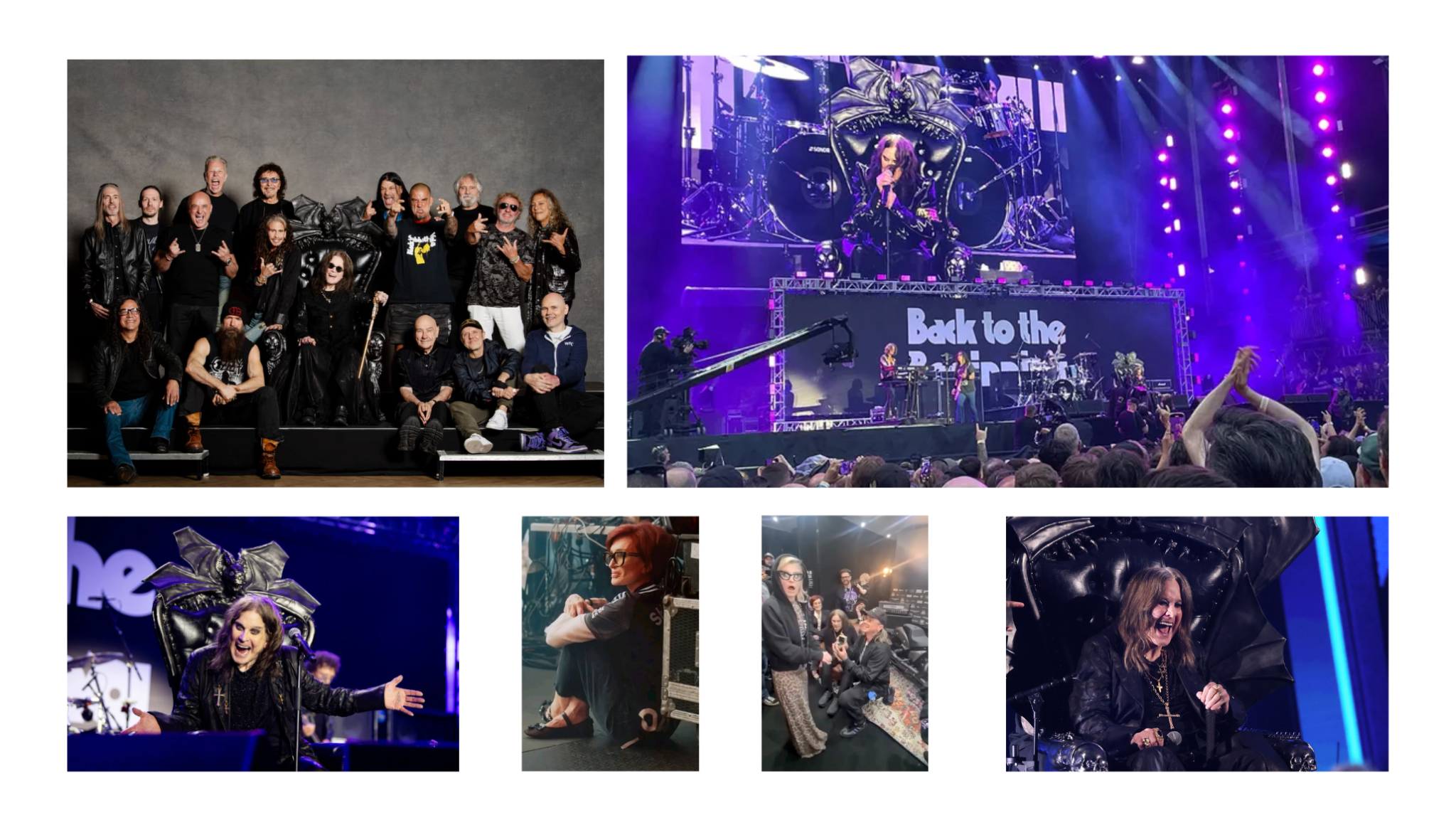 Final concert tribute to Ozzy Osbourne featuring stage performance photos and behind-the-scenes snapshots with Sharon Osbourne and legendary rock artists—honoring his music legacy and millennial reality TV icon status.