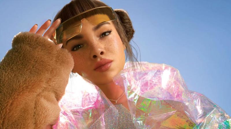 Futuristic AI influencer portrait wearing visor sunglasses and holographic fashion styling.