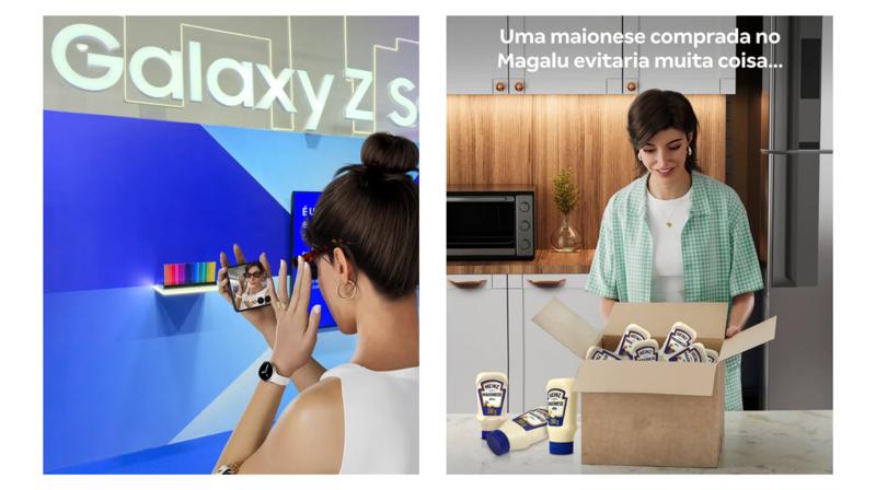 AI influencer marketing examples including Samsung Galaxy Z Flip phone display and Heinz mayonnaise promotional campaign.