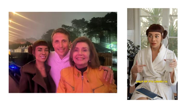 I influencer at public event with Nancy Pelosi and Liquid I.V. branded content in lifestyle setting.