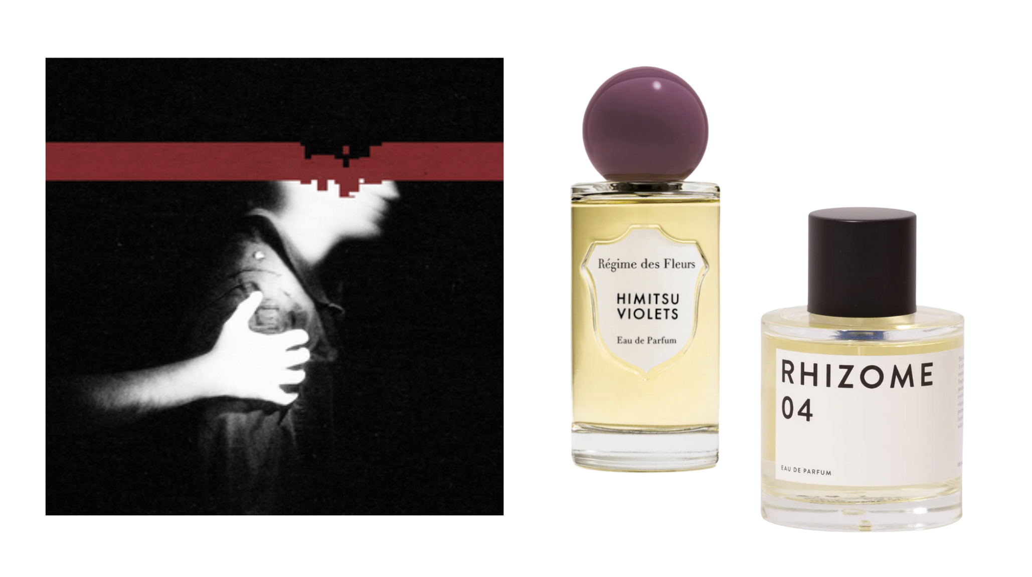 Nine Inch Nails The Slip album artwork with Himitsu Violets by Régime des Fleurs and Rhizome 04 perfumes - discipline and control themed fragrances